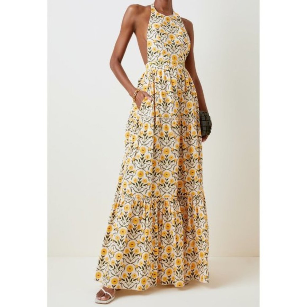 Agua Bendita Naranja Mimosa Maxi Dress Yellow Floral Halter Gown